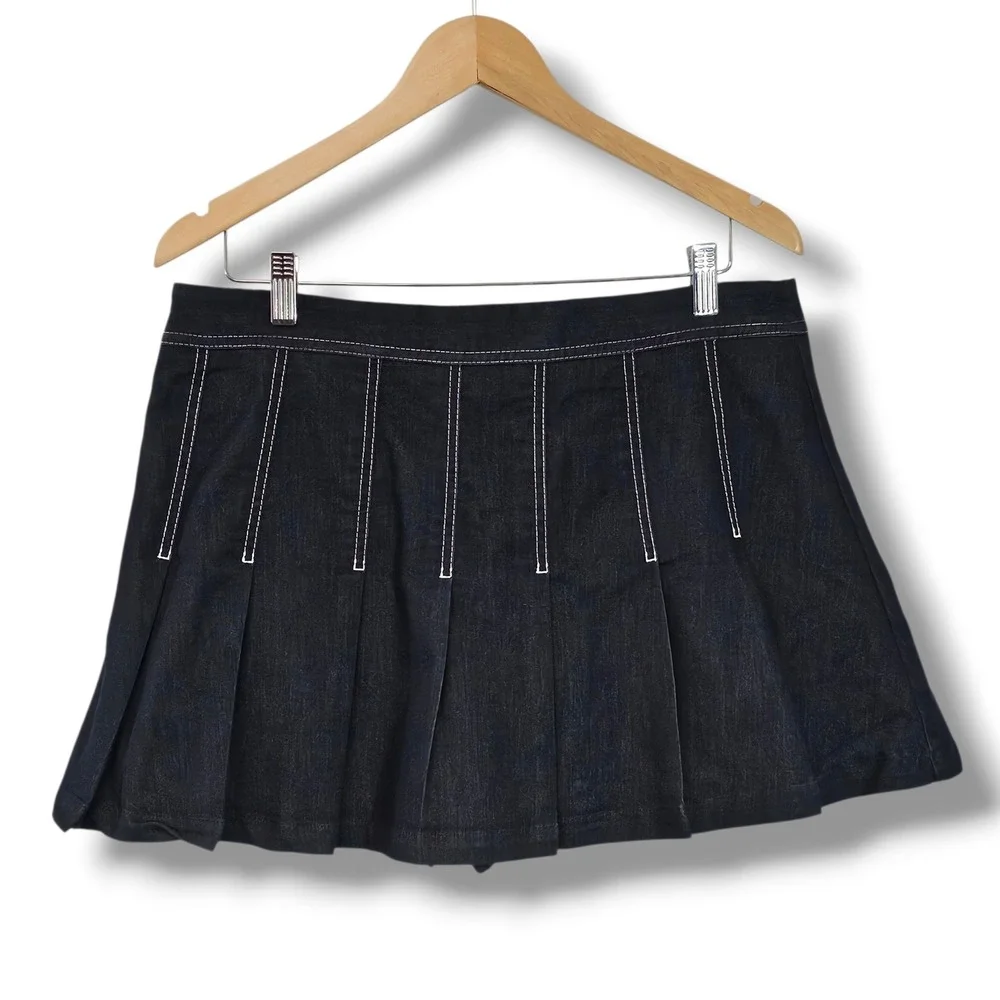 Zara Micro Mini Skirt Skort XL Dark Blue Pleated Denim Tennis Preppy Pleated Y2K